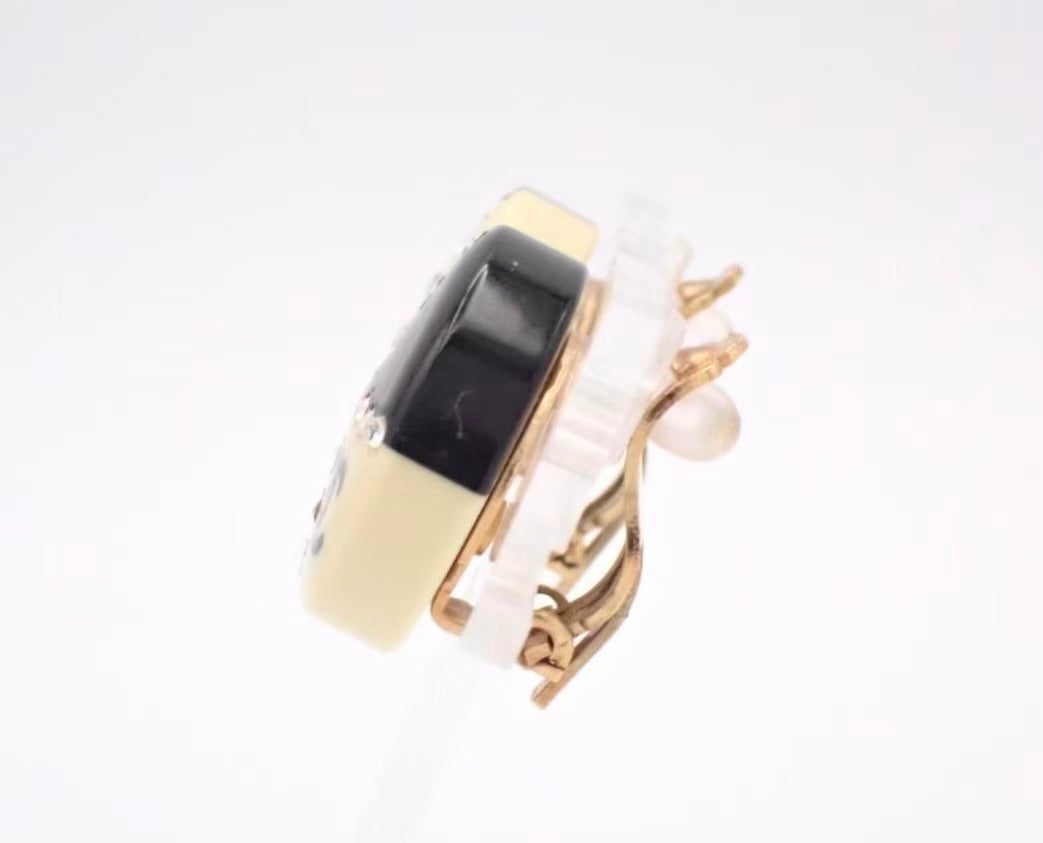 Vintage Chanel Black White Enamel Crystal CC Earrings 02A