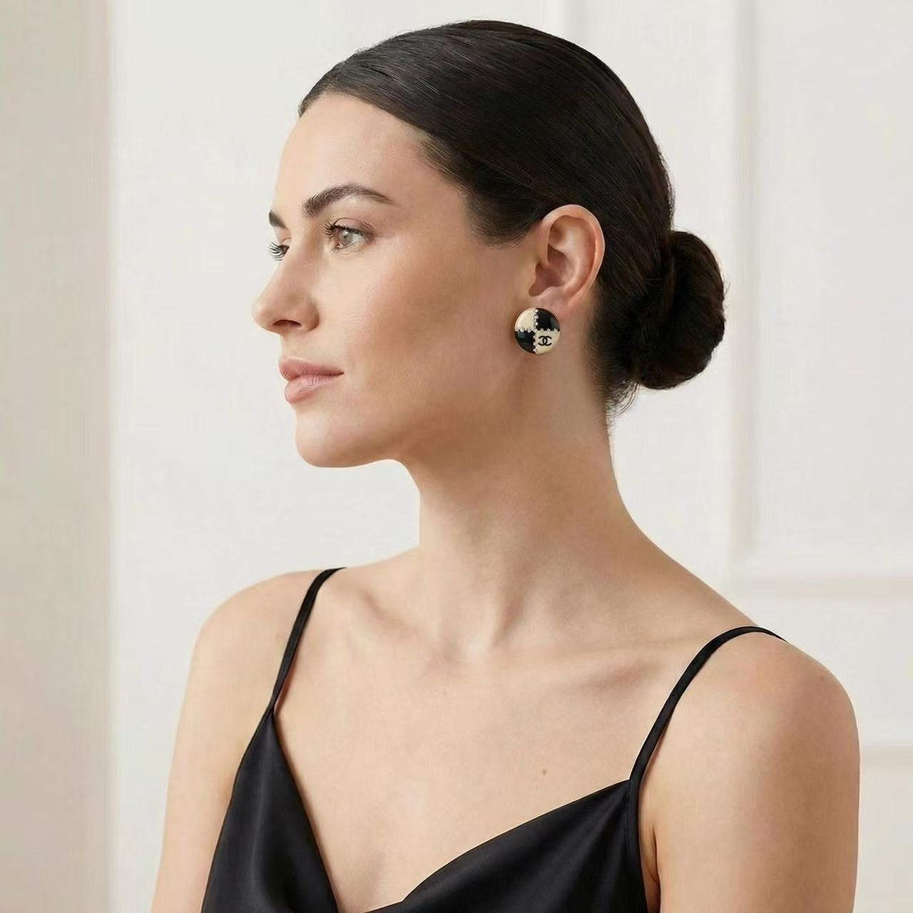 Vintage Chanel Black White Enamel Crystal CC Earrings 02A