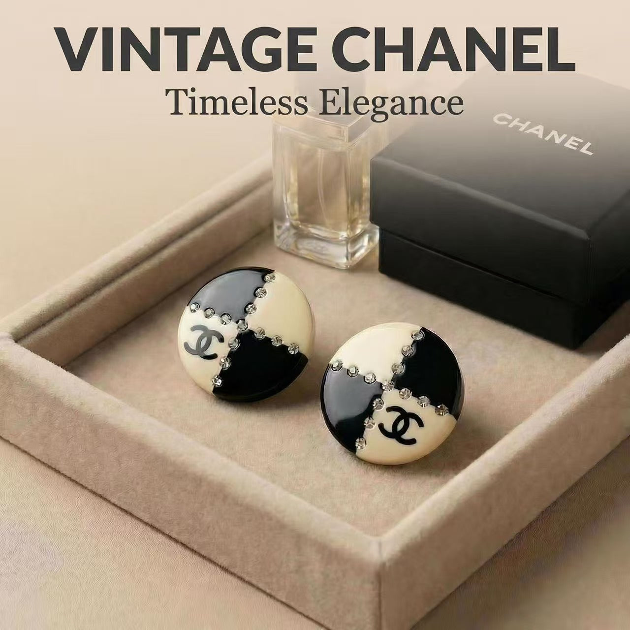 Vintage Chanel Black White Enamel Crystal CC Earrings 02A