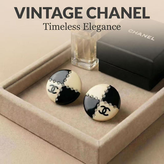 Vintage Chanel Black White Enamel Crystal CC Earrings 02A