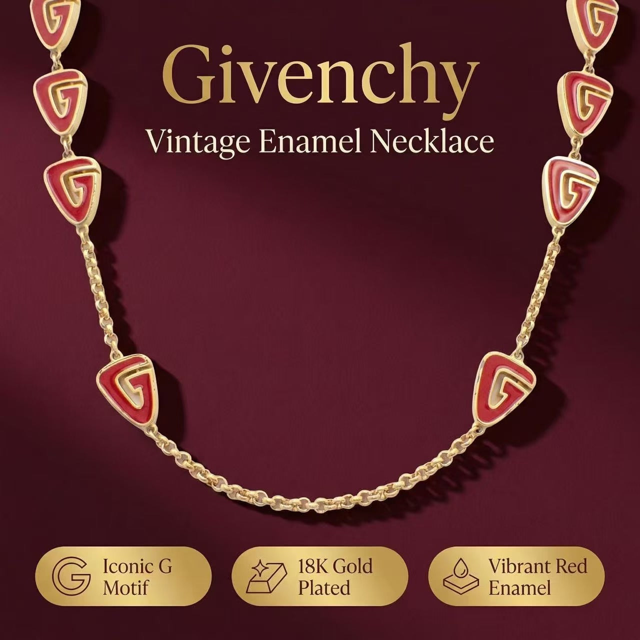 Vintage Givenchy Red Enamel Triangle Chain Necklace