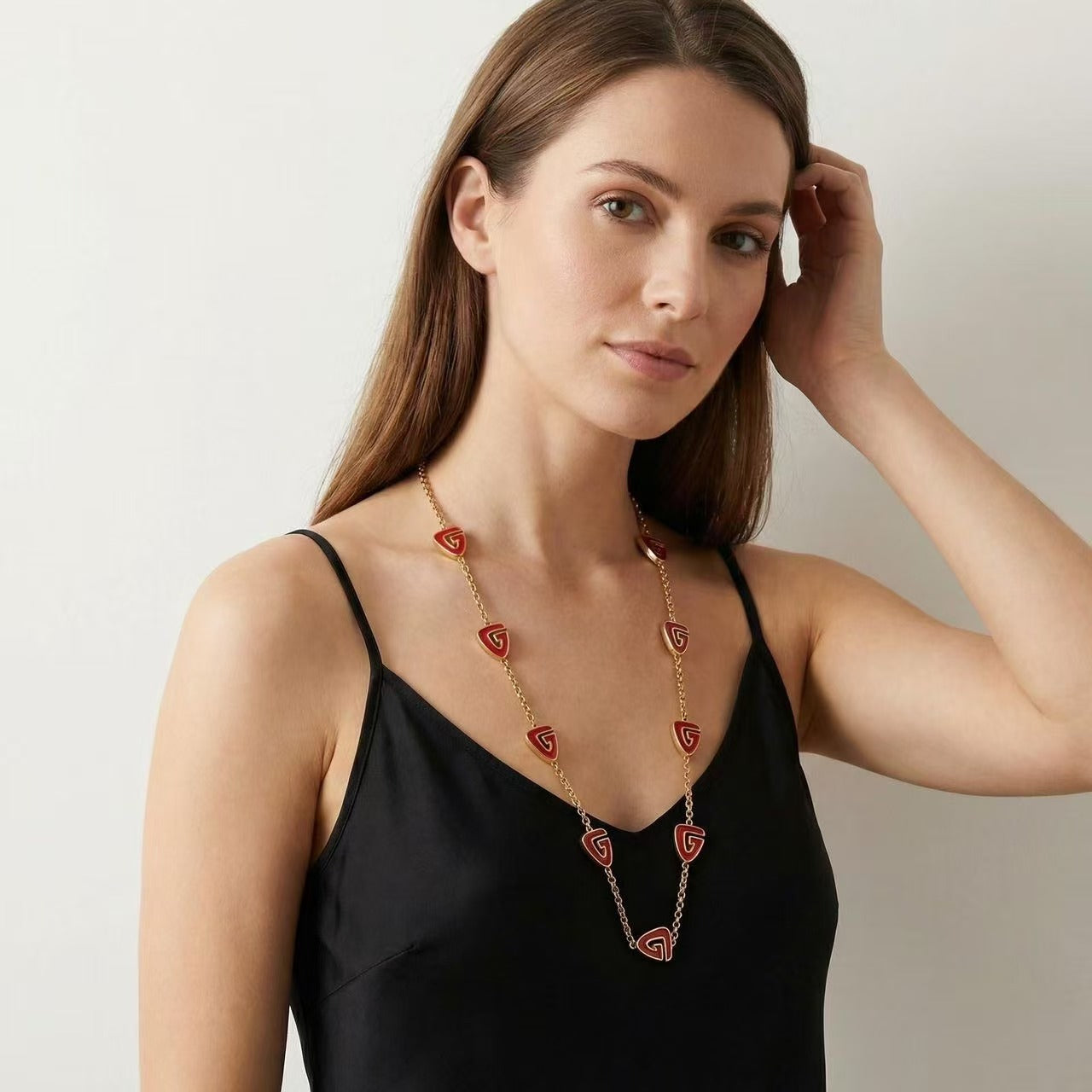 Vintage Givenchy Red Enamel Triangle Chain Necklace