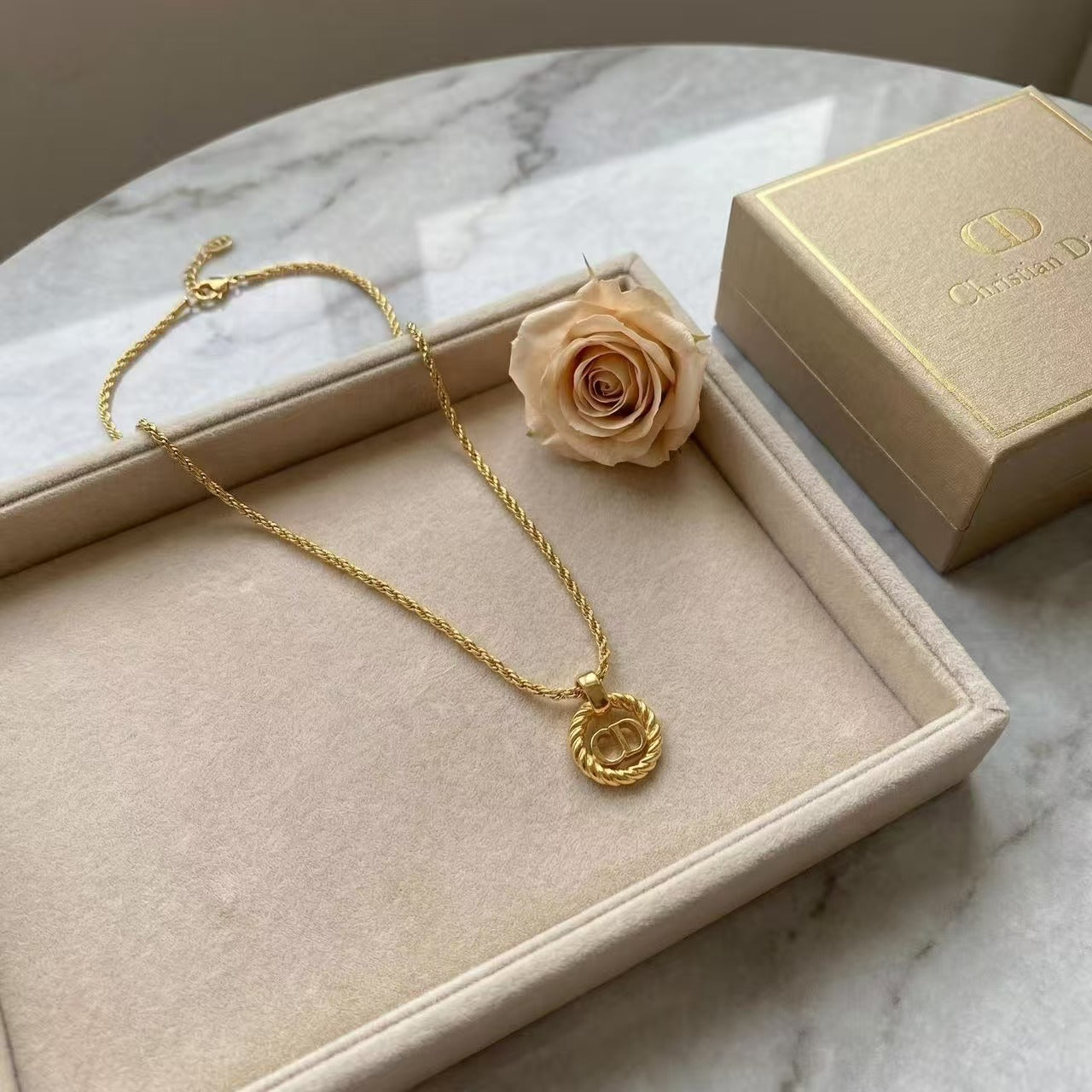 Vintage Christian Dior CD Logo Rope Border Pendant Necklace