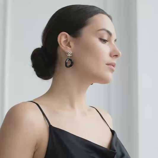 Vintage Chanel Silver CC Logo Drop Earrings Black Ring Pendant